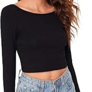 Women's Slim Fitted Crop Tee Top with Low Back and Long Sleeves